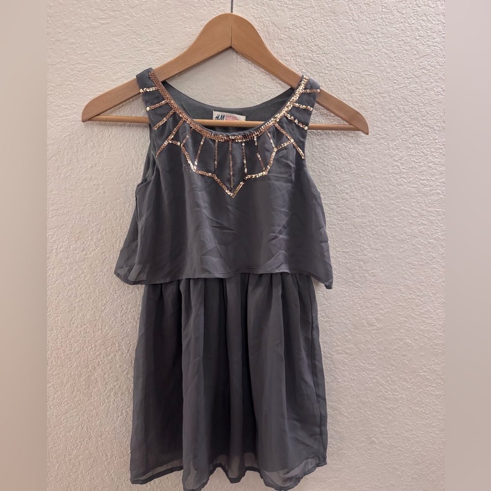 H&M Charcoal Gray Kids Flowy Dress Chiffon-like with Rose Gold Sequins